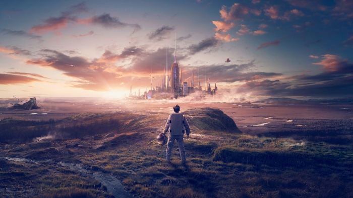 Astronaut looking at a futuristic city at sunset 4K
