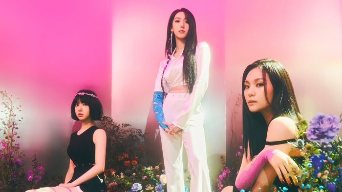 Viviz members in a pink and floral setting