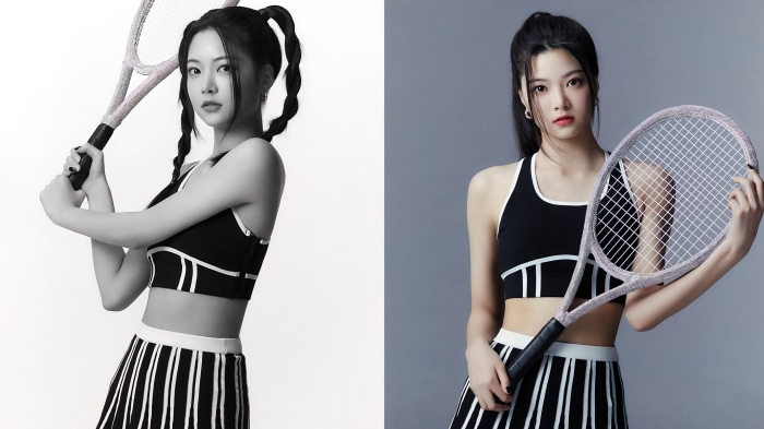 Hong Eunchae from Le Sserafim holding a tennis racket