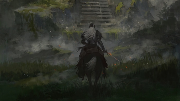 Tarnished on horseback approaching stairs in Elden Ring 4K