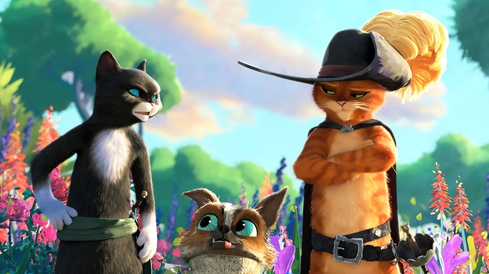 Puss in Boots The Last Wish characters in a garden