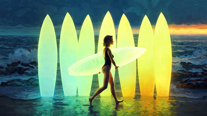 Surfer girl with surfboards on beach 4K