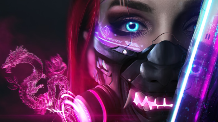 Cyberpunk Girl with Oni Mask and Neon Sword