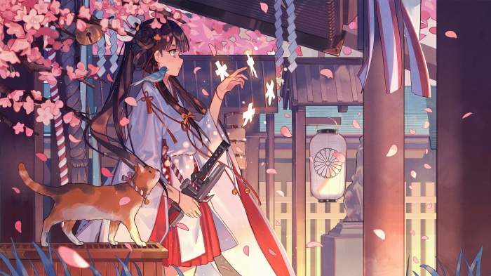 Anime girl in kimono with cat and cherry blossoms 4K