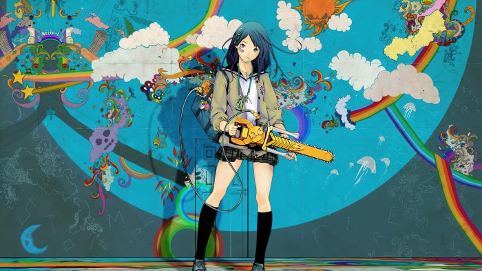 Anime girl with chainsaw in front of graffiti art