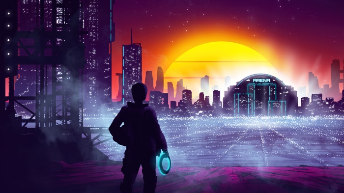 Sci-fi city at sunset with a person holding a ring