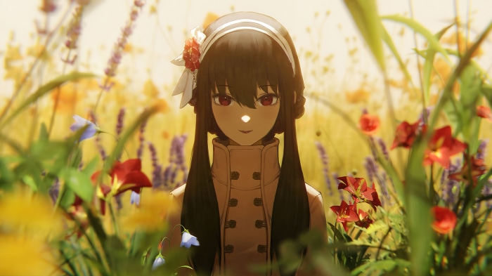 Yor Forger from Spy x Family in a field of flowers