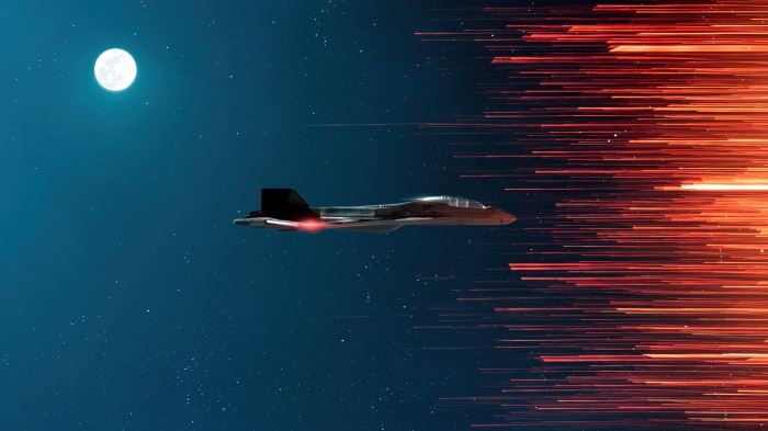 Fighter Jet Speeding Through Space with Moon