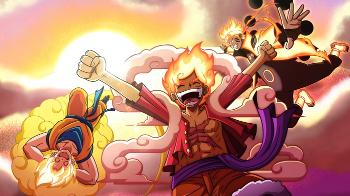 Luffy Gear 5, Naruto, and Goku Crossover Art 4K