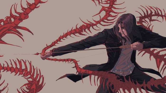 Eren Yeager from Attack on Titan with red centipede-like tendrils