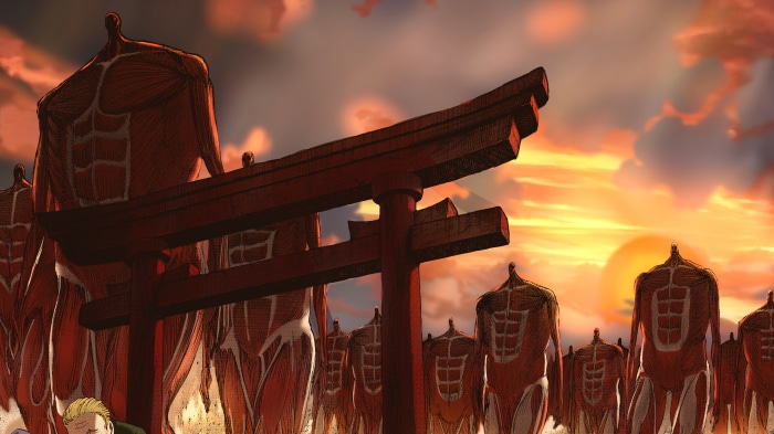 Colossal Titans from Attack on Titan at Sunset