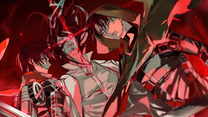 Eren, Mikasa, and Levi from Attack on Titan 4K