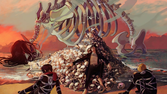 Attack on Titan characters on a beach with skulls