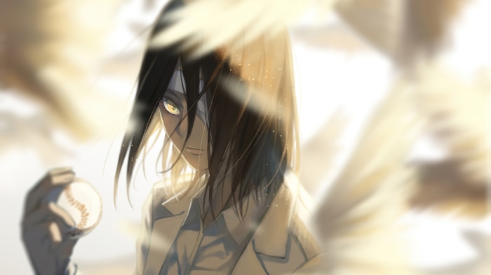 Eren from Attack on Titan holding a baseball