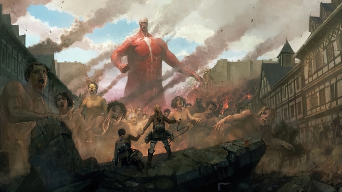 Colossal Titan and soldiers from Attack on Titan 4K