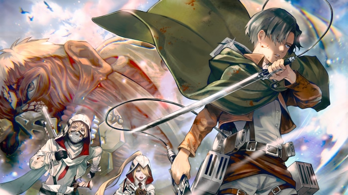 Levi and comrades from Attack on Titan fighting a Titan 4K