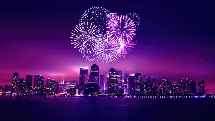 Fireworks over Chicago skyline at night 4K