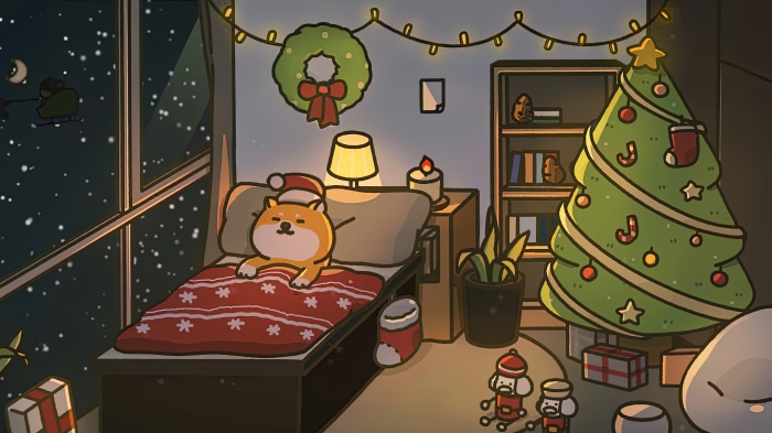 Shiba Inu sleeping in a Christmas-decorated room 4K
