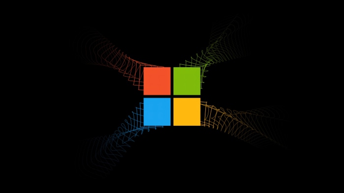 Microsoft logo with colorful abstract lines on black background 4K
