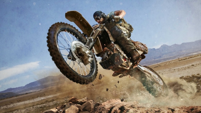 Nomad from Ghost Recon Wildlands on a dirt bike 4K