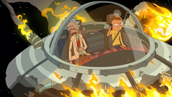 Rick and Morty in a burning space cruiser