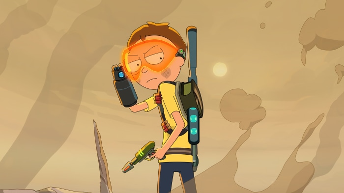 Morty from Rick and Morty with goggles and weapon