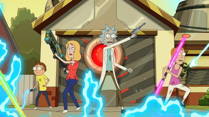 Rick and Morty characters with laser guns
