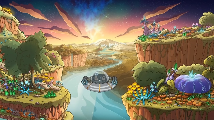 Rick and Morty spaceship flying over alien landscape 4K