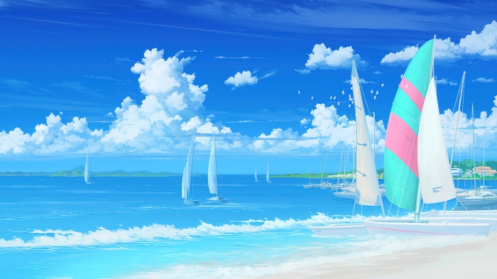 Sailboats on a bright blue ocean under a cloudy sky