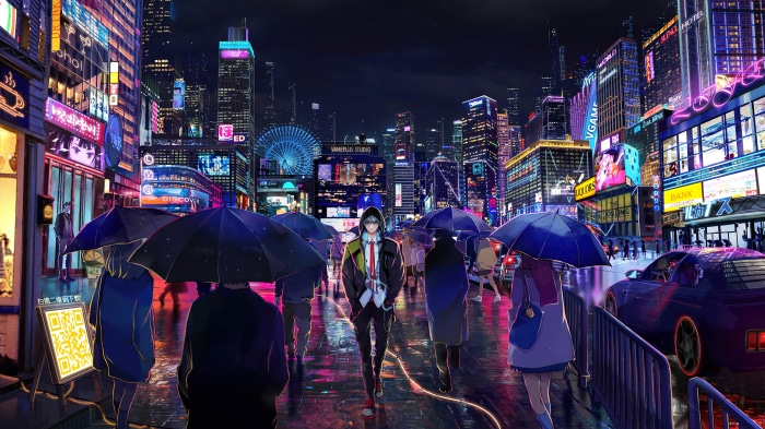 Anime boy walking in a neon city at night