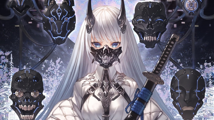 Anime girl with white hair, mask, and katana, 4K