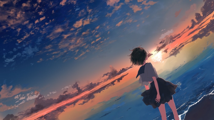 Anime School Girl Watching Sunset at the Beach