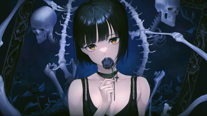 Anime girl with black rose and skeletons 4K