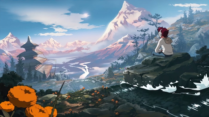 Anime Boy Sitting by Mountain River in