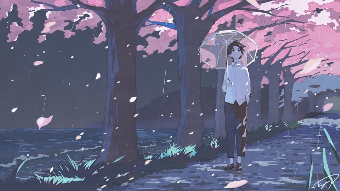 Anime boy with umbrella under cherry blossoms in rain