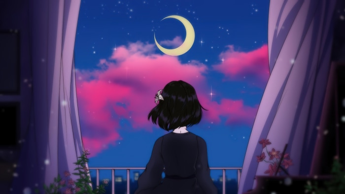 Anime girl looking at the moon and clouds