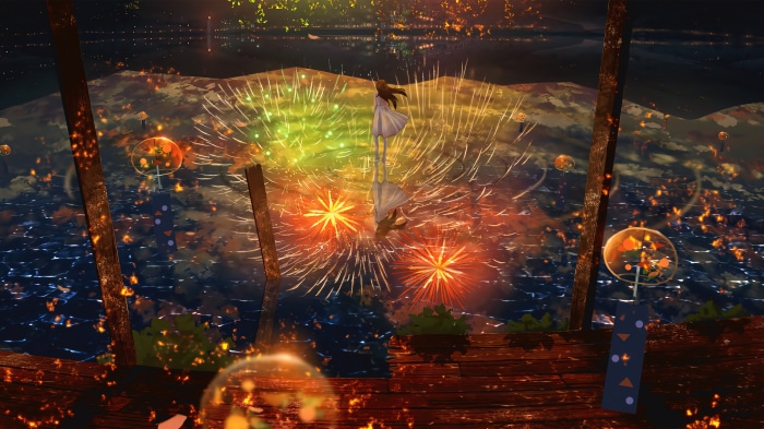 Anime girl watching fireworks 4K