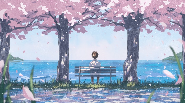 Anime scenery with cherry blossoms and sea