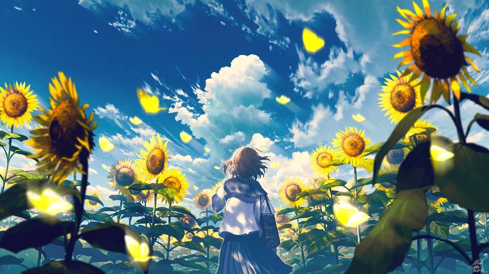 Anime girl in sunflower field 4K