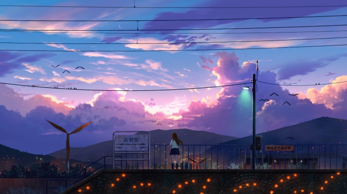 Anime girl at train station during sunrise 4K