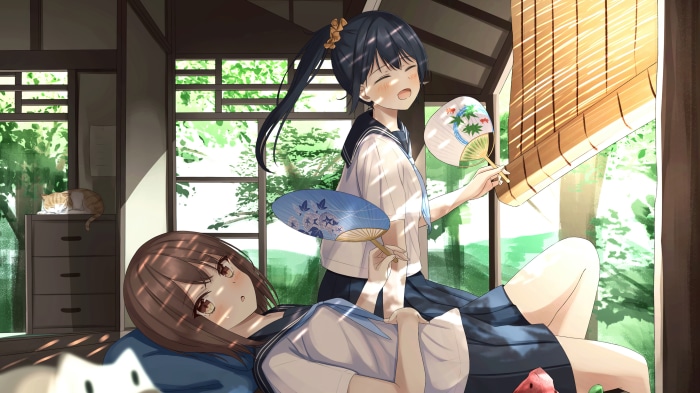 Anime girls with fans in a Japanese room