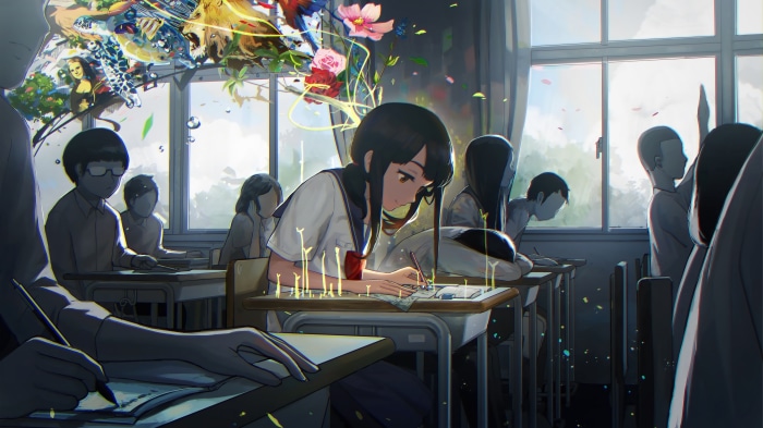 Anime School Girl Studying in Classroom