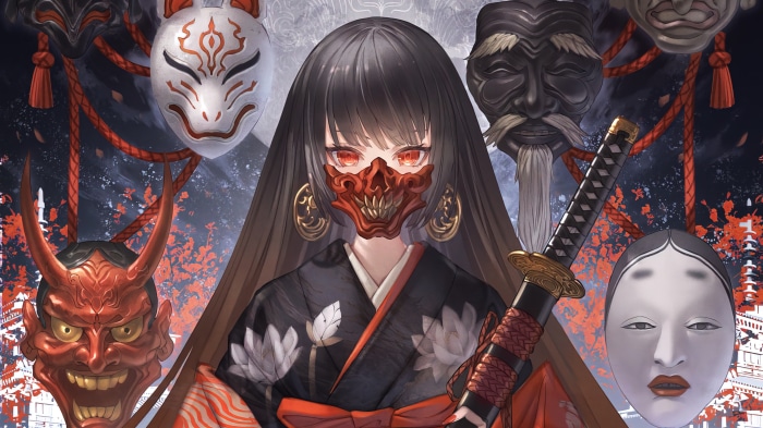 Anime girl with masks and katana 4K
