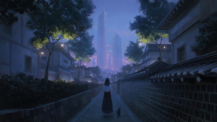 Anime girl and cat walking in a city alley at night 4K