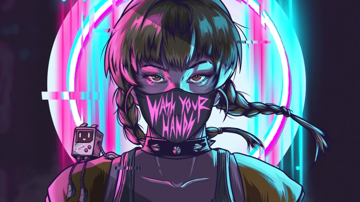 Anime girl with mask and robot 4K
