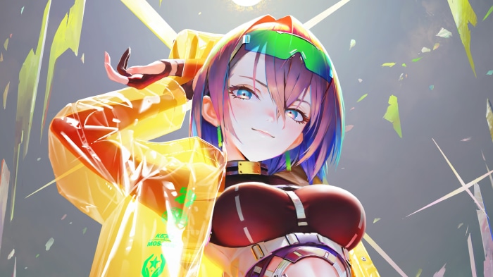 Anime girl with colorful hair and yellow jacket