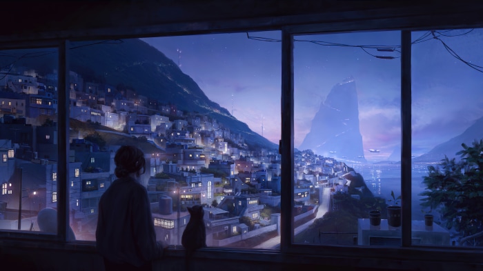 Anime girl and cat looking at a futuristic city at night 4K