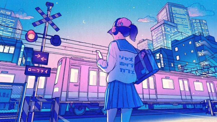 Anime girl with headphones at train station in city 4K