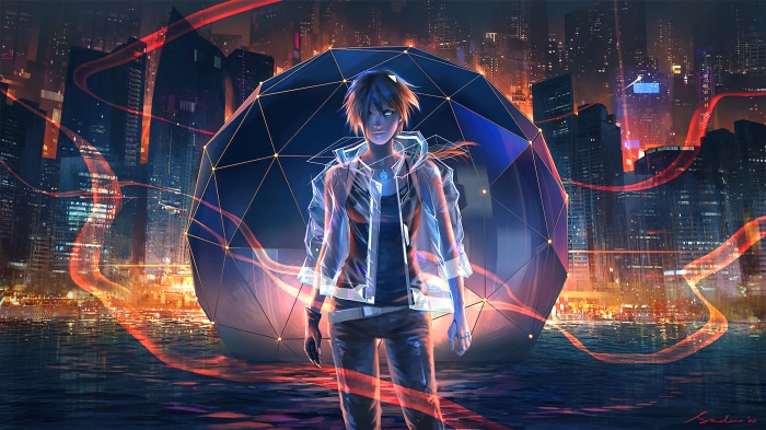 Anime character in futuristic city with geometric structure