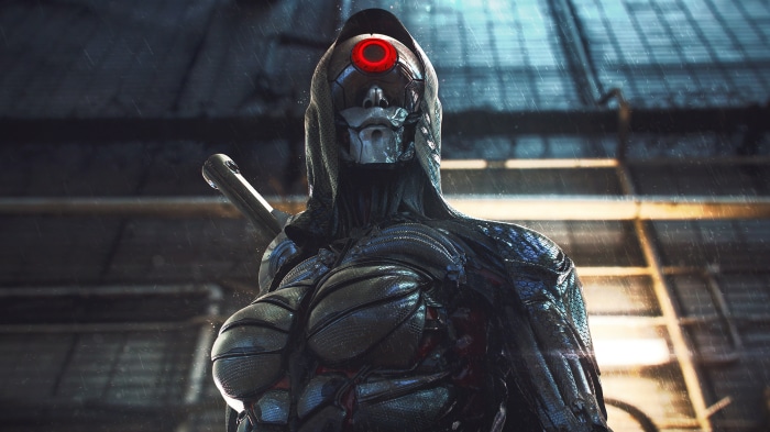 Cyberpunk android soldier with red eye
